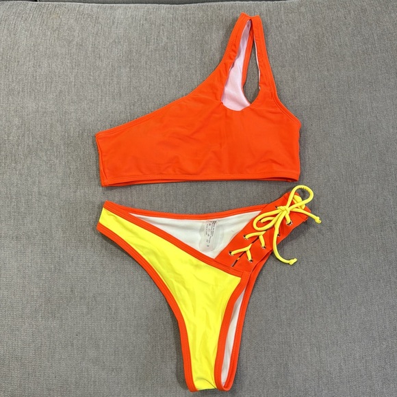 Orange & Yellow Lace Up Bikini Set - Picture 2 of 6